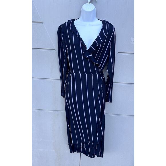 Rails Priya Navy Blue Metallic Stripe Ruffle Wrap Midi Dress Sz L Party Classic - Picture 2 of 16